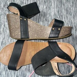 Black Elastic Strap Wedge Sandals with Stud Detail